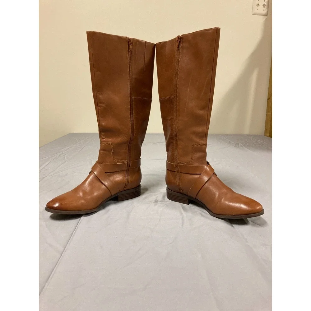 Nine West Blogger Leather Knee-High Riding Boots Women's Brown Side-Zip - 8M‎